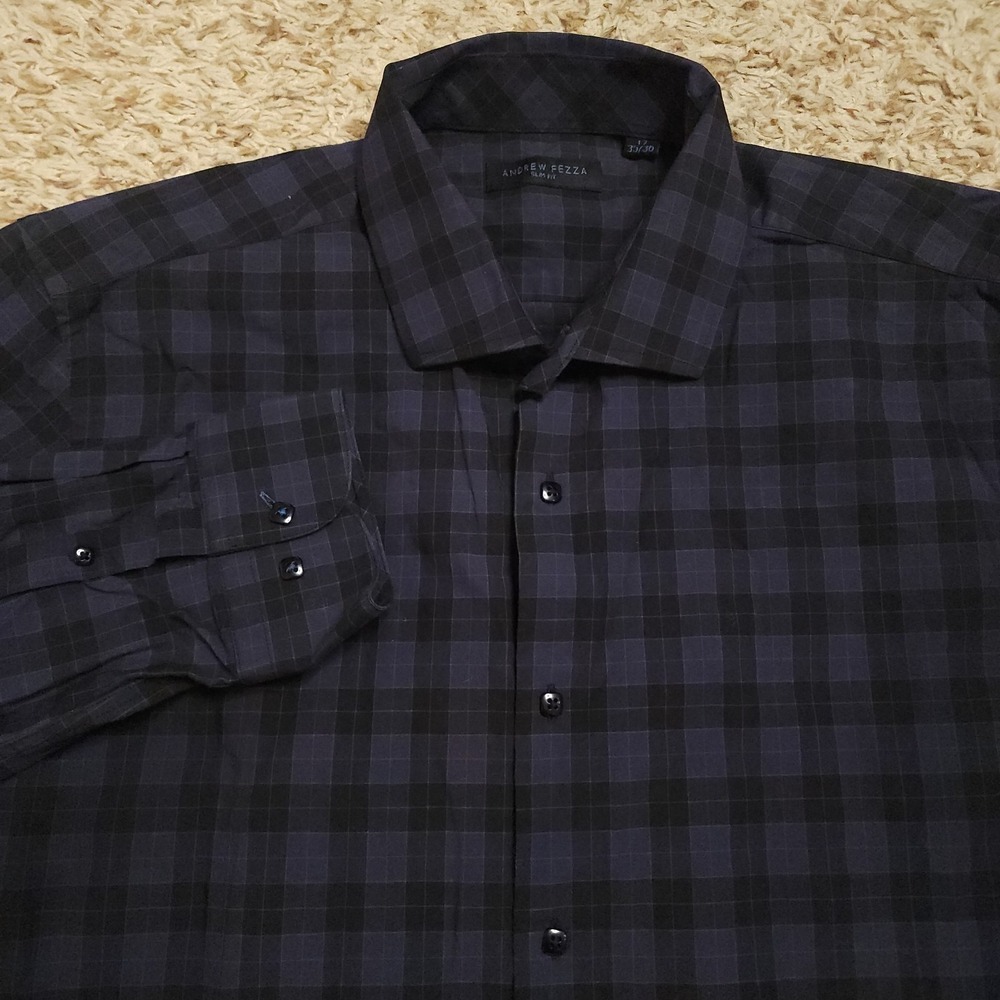Andrew Fezza Slim Fit Mens 17 35/36 Long Sleeve‎ Blue Plaid Shirt